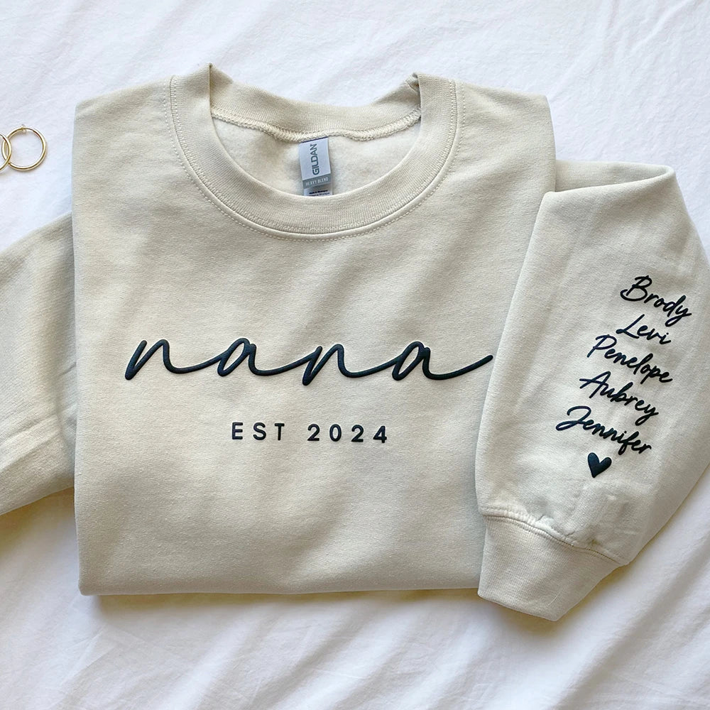 Custom Puff Print Sweatshirt Est Year with Kids Names on Sleeve