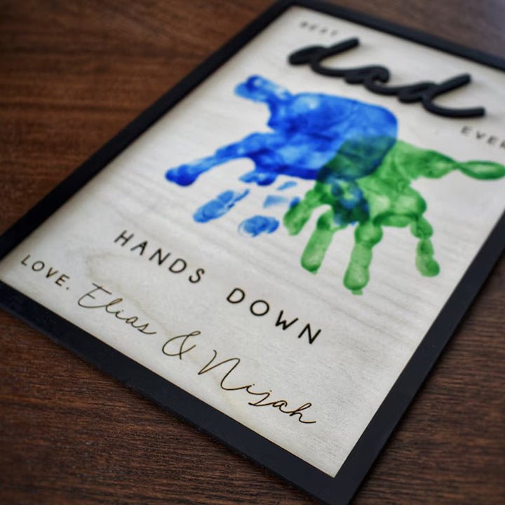 Hands Down Best Dad Ever | Personalized Engraved Wooden Sign | Celebrate Dad with Handprints and Custom Message | Handmade Fathers Day Gift