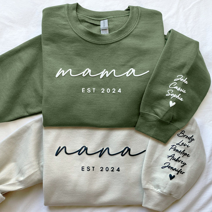 Custom Puff Print Sweatshirt Est Year with Kids Names on Sleeve