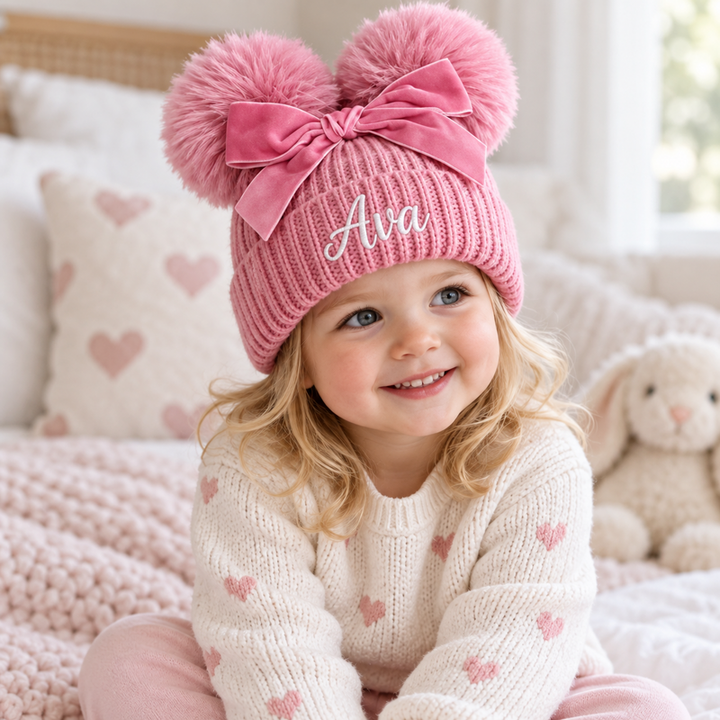 Personalized Baby Double Pom-Pom Knit Hat with Bow – Custom Embroidered Name