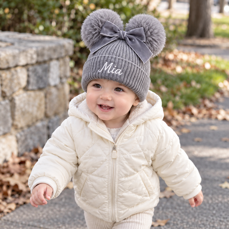 Personalized Baby Double Pom-Pom Knit Hat with Bow – Custom Embroidered Name