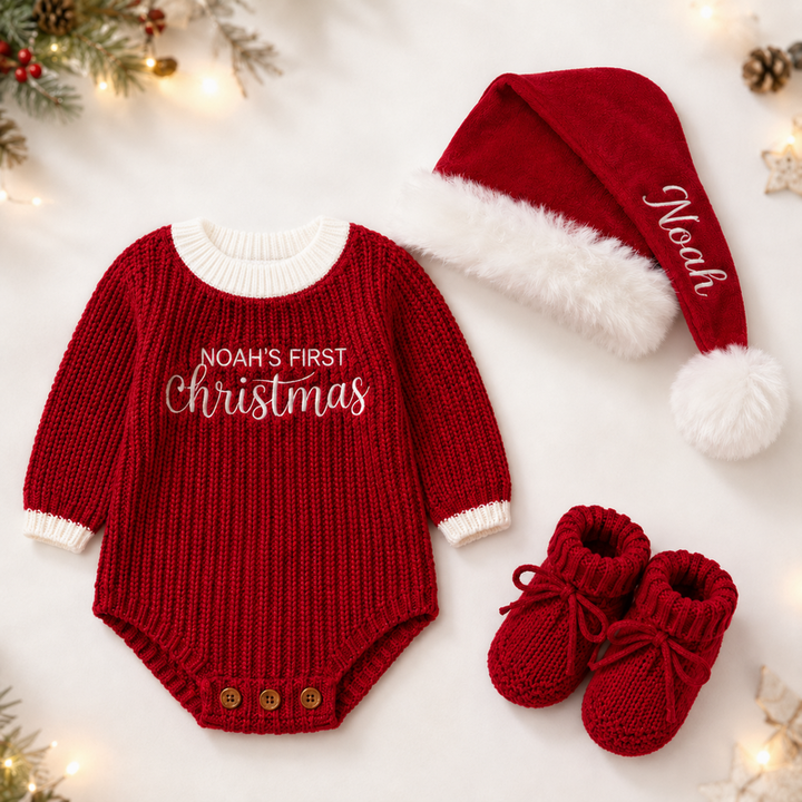 Personalized Baby’s First Christmas Organic Cotton Knit Romper