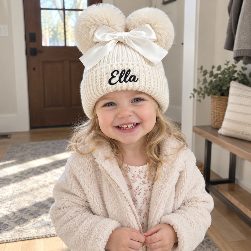 Personalized Baby Double Pom-Pom Knit Hat with Bow – Custom Embroidered Name