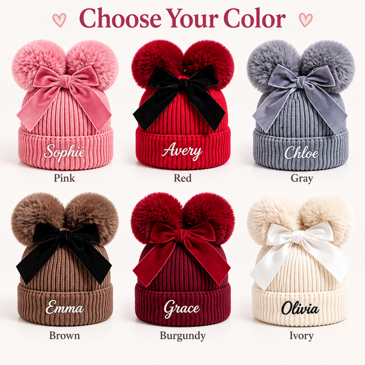Personalized Baby Double Pom-Pom Knit Hat with Bow – Custom Embroidered Name