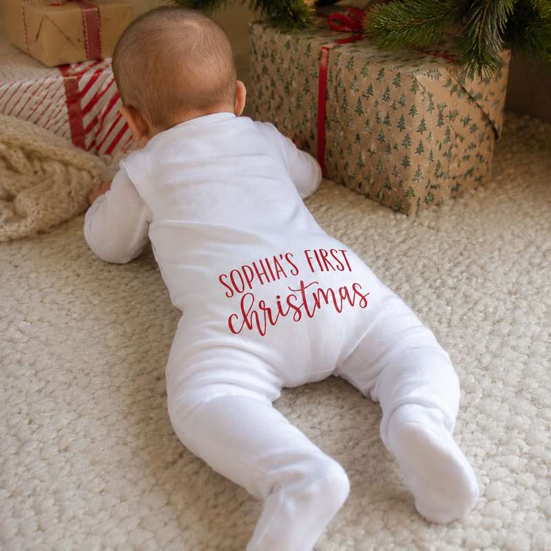 Personalized Baby’s First Christmas Organic Cotton Footed Romper