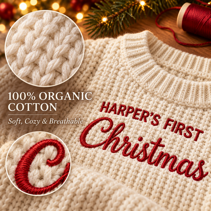 Personalized Baby’s First Christmas Organic Cotton Knit Romper Set
