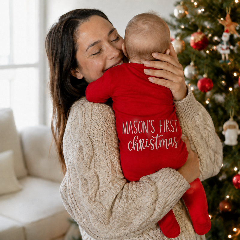Personalized Baby’s First Christmas Organic Cotton Footed Romper