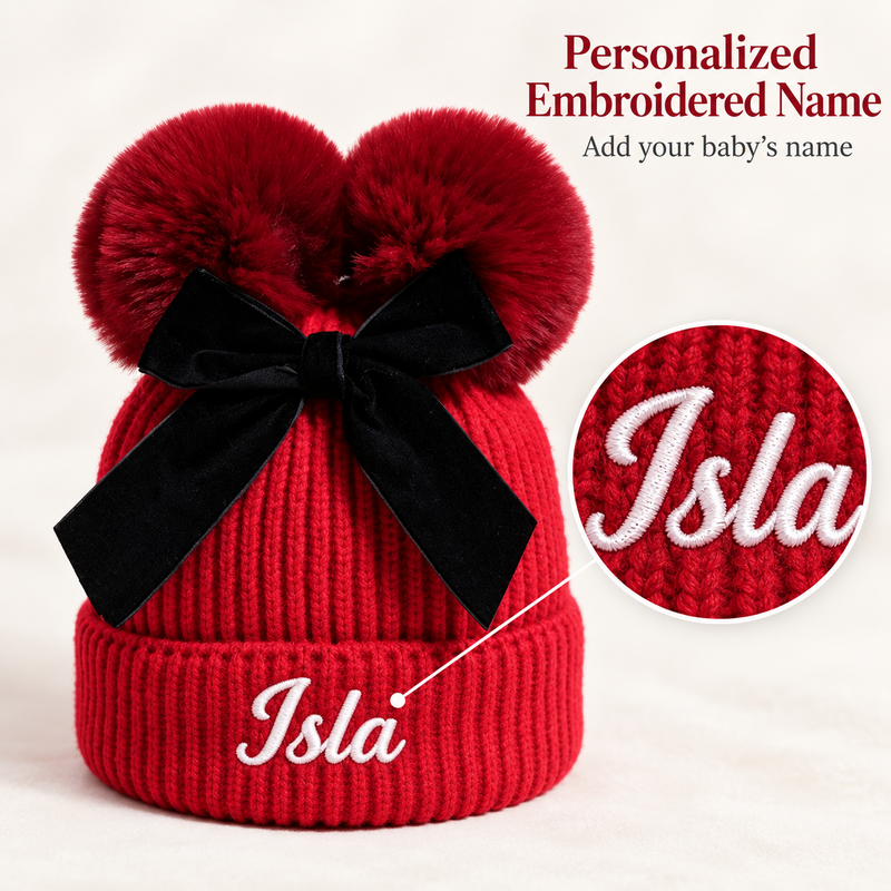 Personalized Baby Double Pom-Pom Knit Hat with Bow – Custom Embroidered Name
