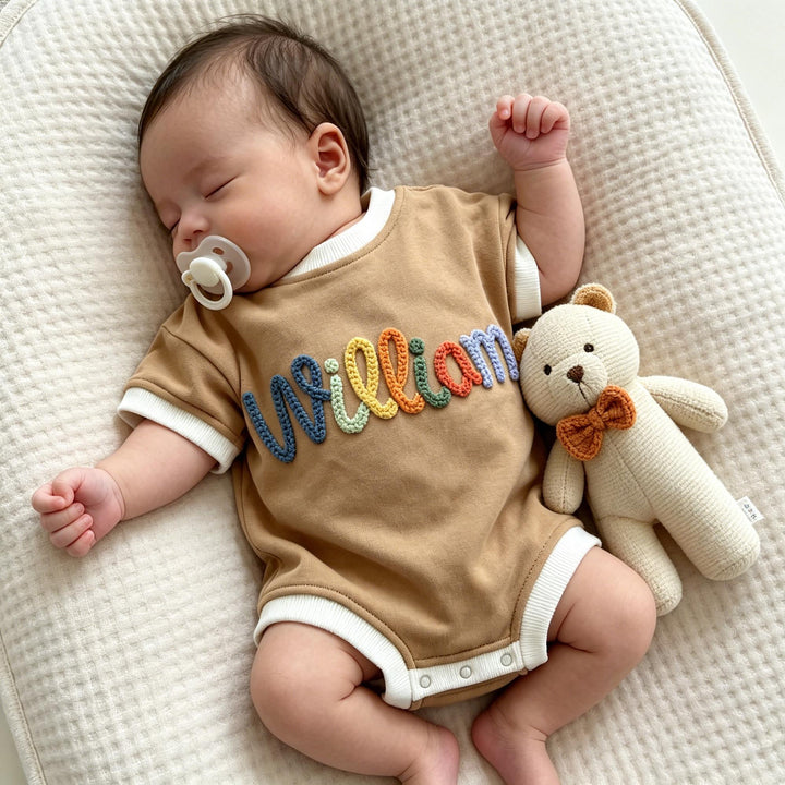Personalized Hand-Embroidered Baby Romper – Baby-Safe Cotton Outfit