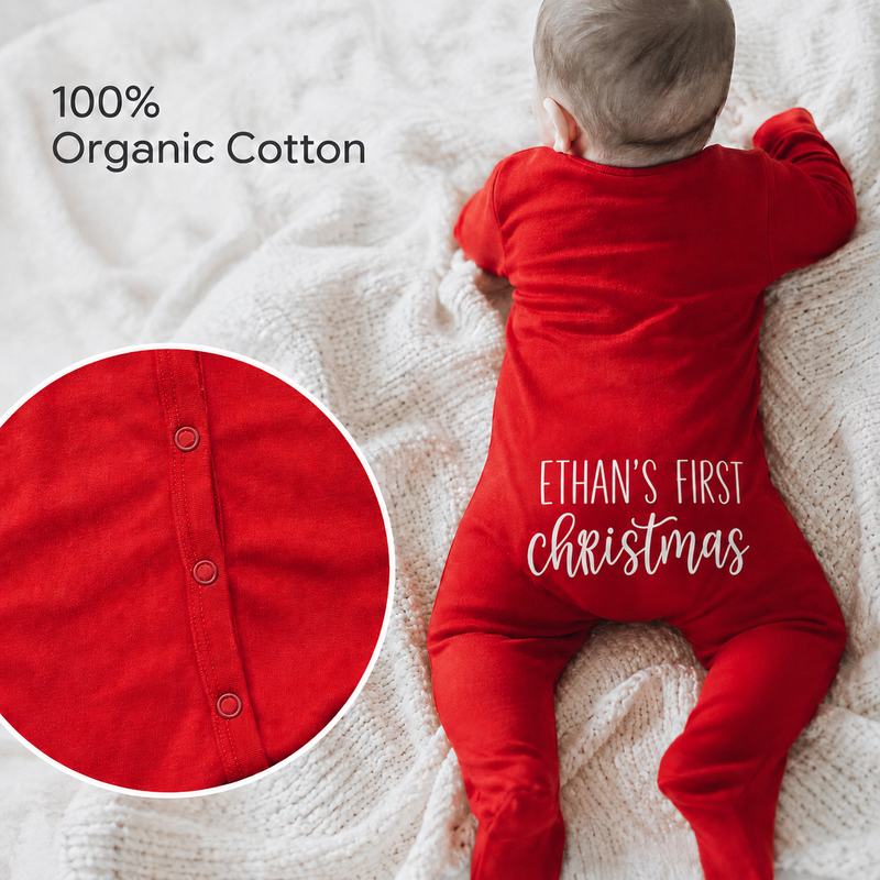 Personalized Baby’s First Christmas Organic Cotton Footed Romper