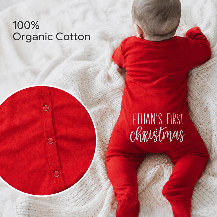 Personalized Baby’s First Christmas Organic Cotton Footed Romper