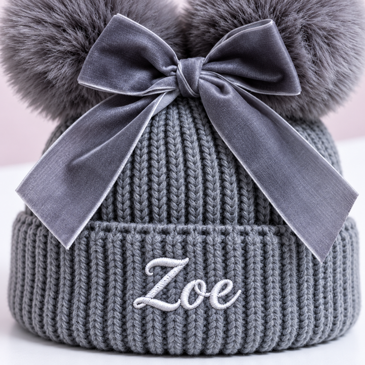 Personalized Baby Double Pom-Pom Knit Hat with Bow – Custom Embroidered Name