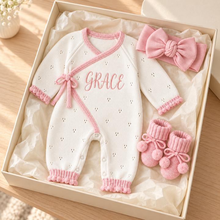 Personalized Baby Girl Organic Cotton Knit Romper – Custom Name Outfit
