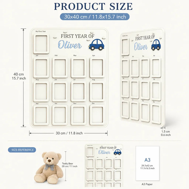 Little Blue Car – Personalized Baby’s First Year Photo Frame