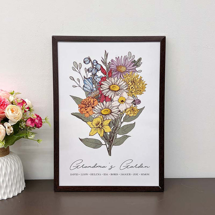 Birth Flower Family Bouquet Custom Names Frame Pro