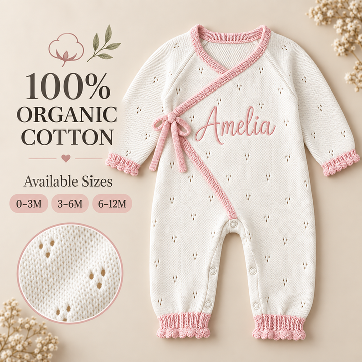 Personalized Baby Girl Organic Cotton Knit Romper – Custom Name Outfit
