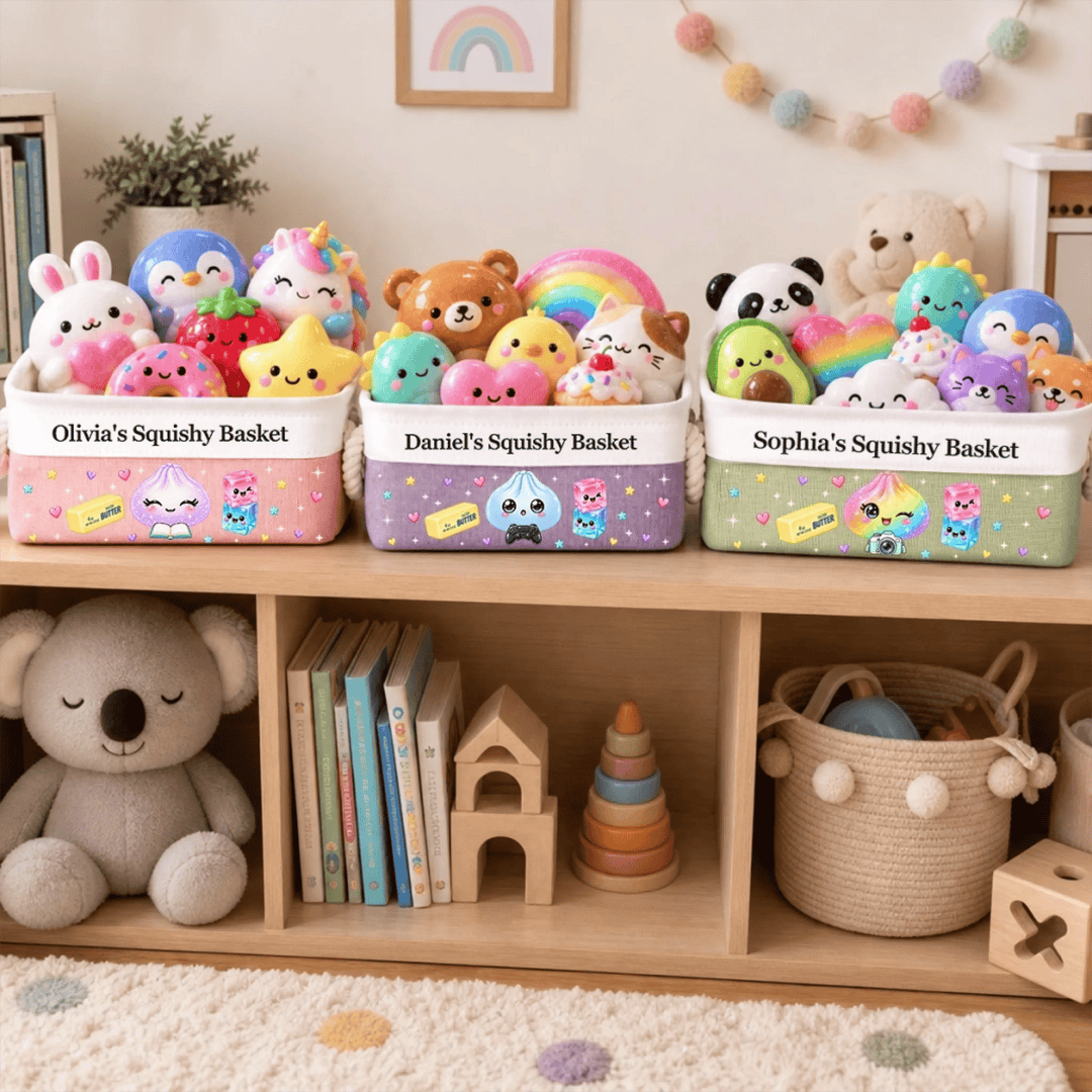 Personalized Squishy Storage Basket – Custom Name Toy Organizer for Kids