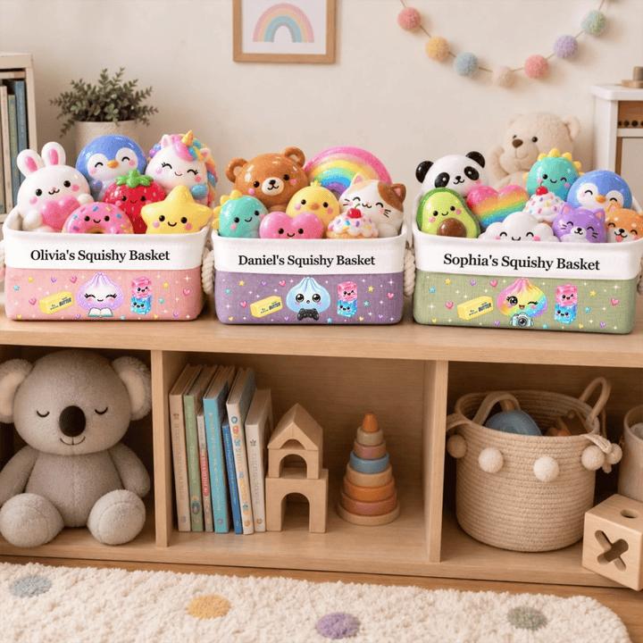 Personalized Squishy Storage Basket – Custom Name Toy Organizer for Kids