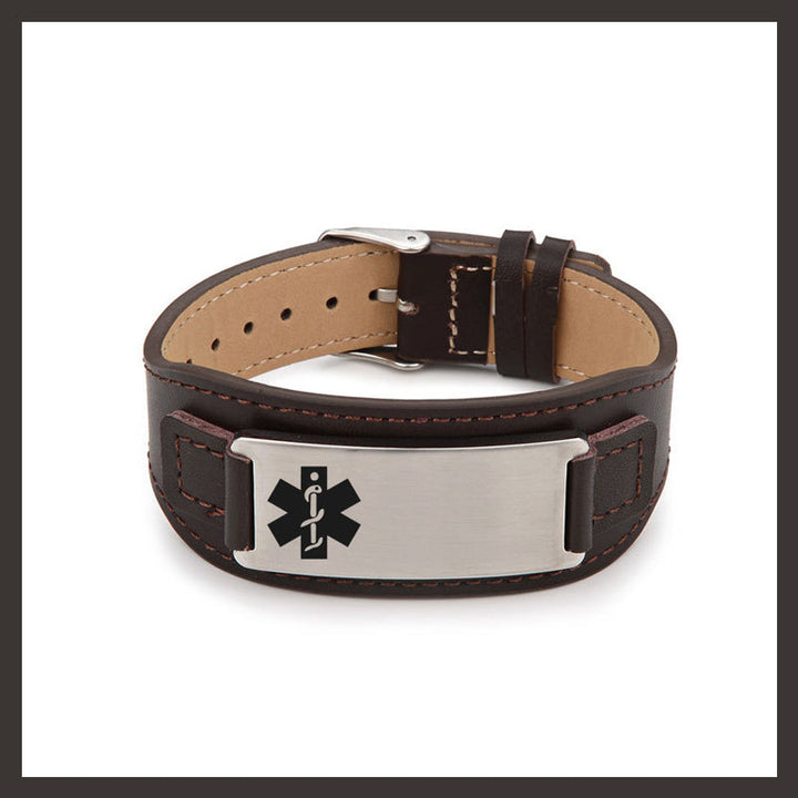 Personalized Adjustable Leather Emergency Medical Alert Bracelet