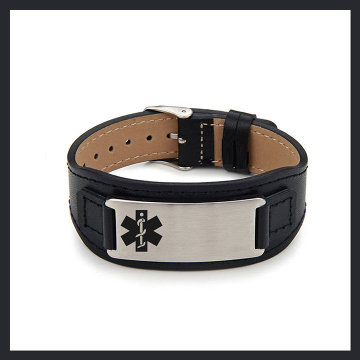 Personalized Adjustable Leather Emergency Medical Alert Bracelet