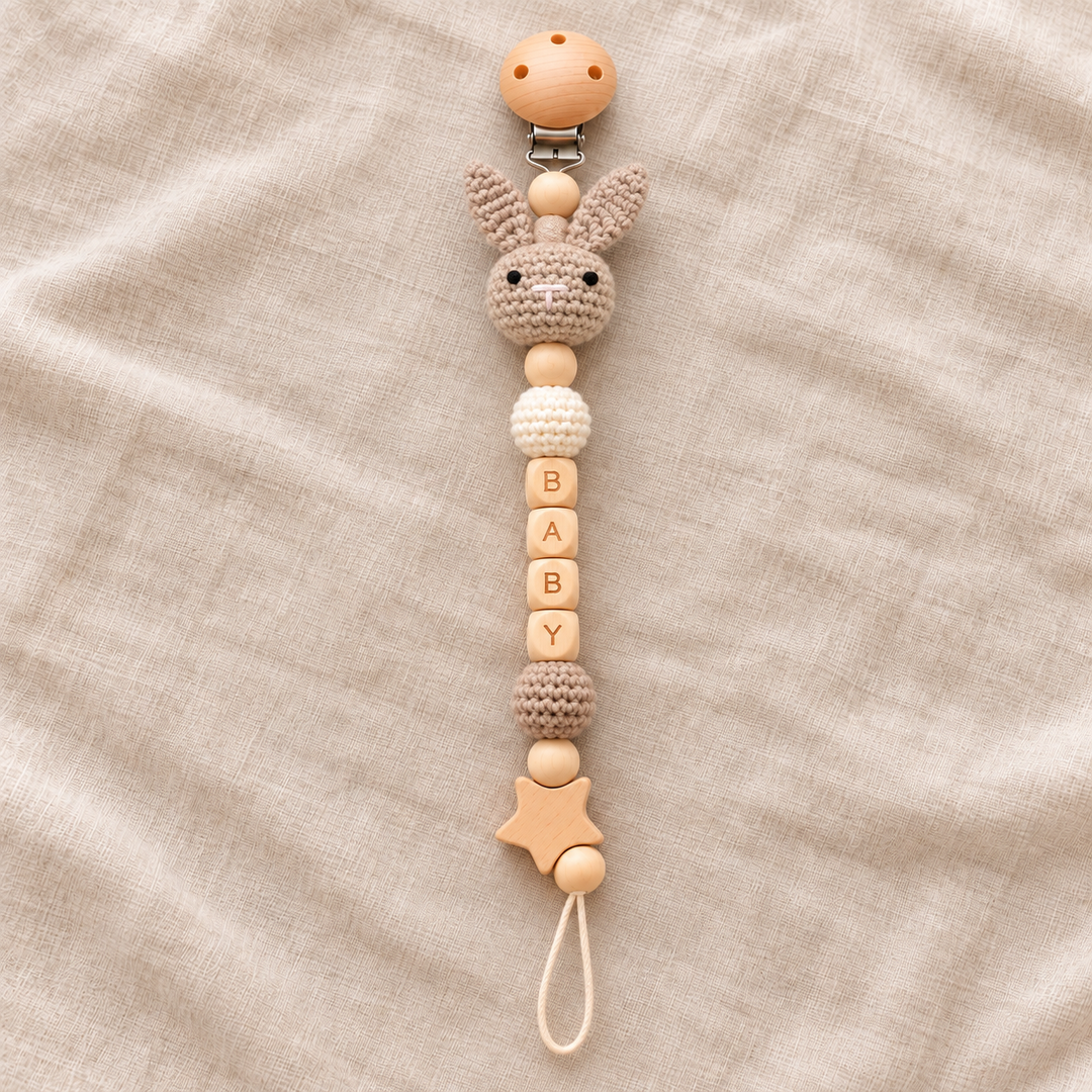 Personalized Crochet Pacifier Clip, Neutral Boho Pacifier Holder, Custom Name Baby Accessory, Newborn Baby Shower Gift