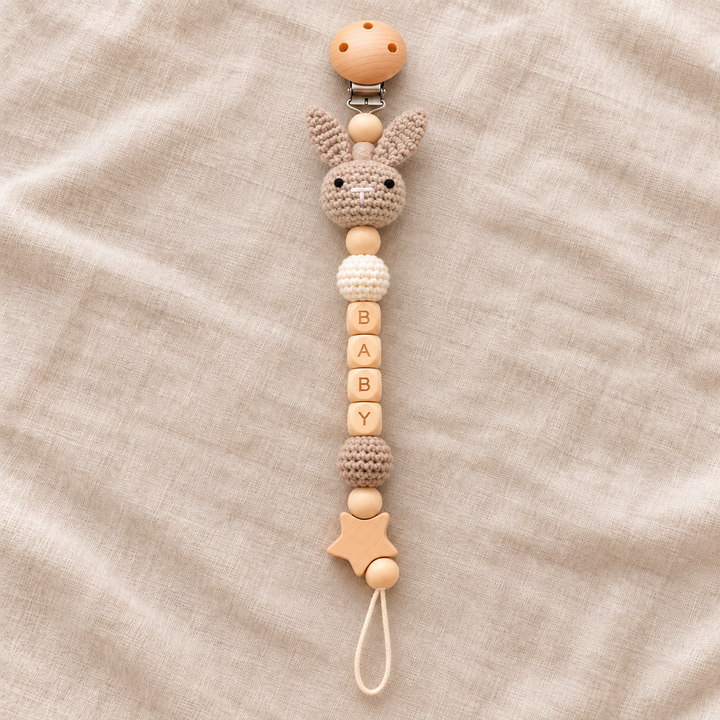 Personalized Crochet Pacifier Clip, Neutral Boho Pacifier Holder, Custom Name Baby Accessory, Newborn Baby Shower Gift