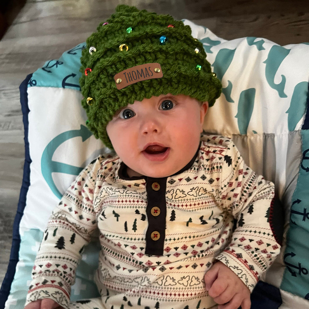 Personalized Leather Patch Christmas Tree Crochet Hat