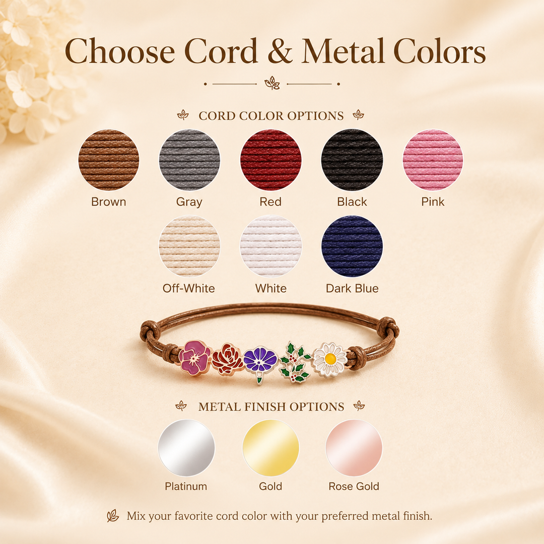 Personalized Birth Flower Bracelet for Mom – Custom Family Flower Bracelet with 1–8 Flowers