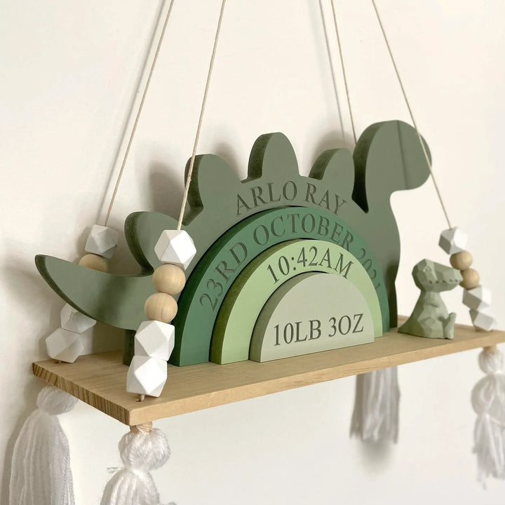 Personalized Dinosaur Birth Stats Wooden Stack – Custom Baby Name, Date, Time & Weight Keepsake Nursery Decor