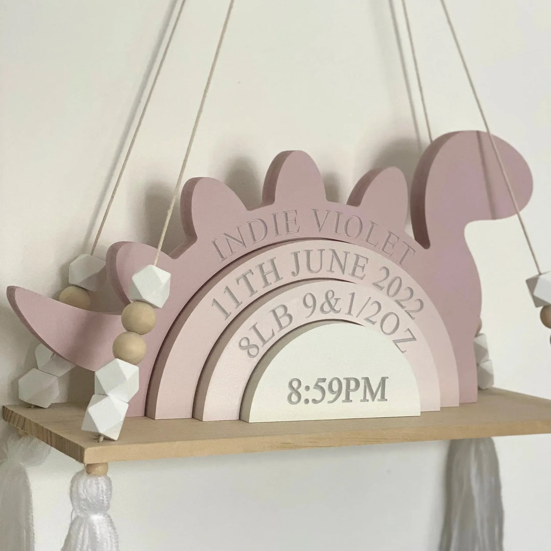 Personalized Dinosaur Birth Stats Wooden Stack – Custom Baby Name, Date, Time & Weight Keepsake Nursery Decor