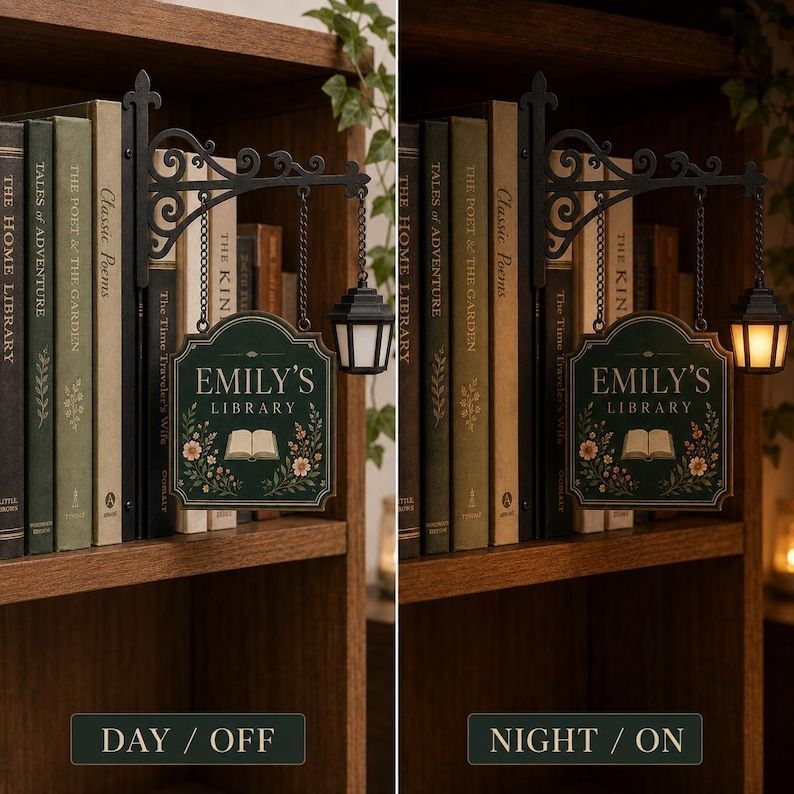 Personalized Bookshelf Sign with LED Lamp – Custom Home Library Decor for Book Lovers
