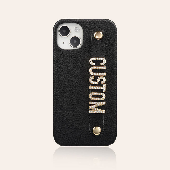 For iPhone - Personalized Genuine Leather Lychee Pattern Metal Name Phone Case