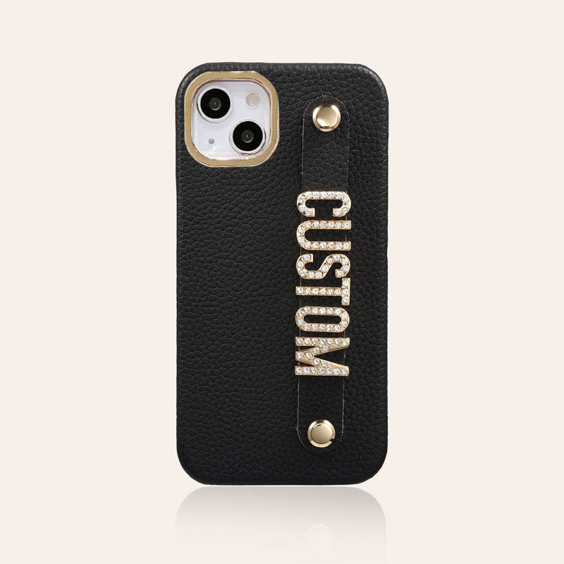 For iPhone - Personalized Genuine Leather Lychee Pattern Metal Letter Phone Case