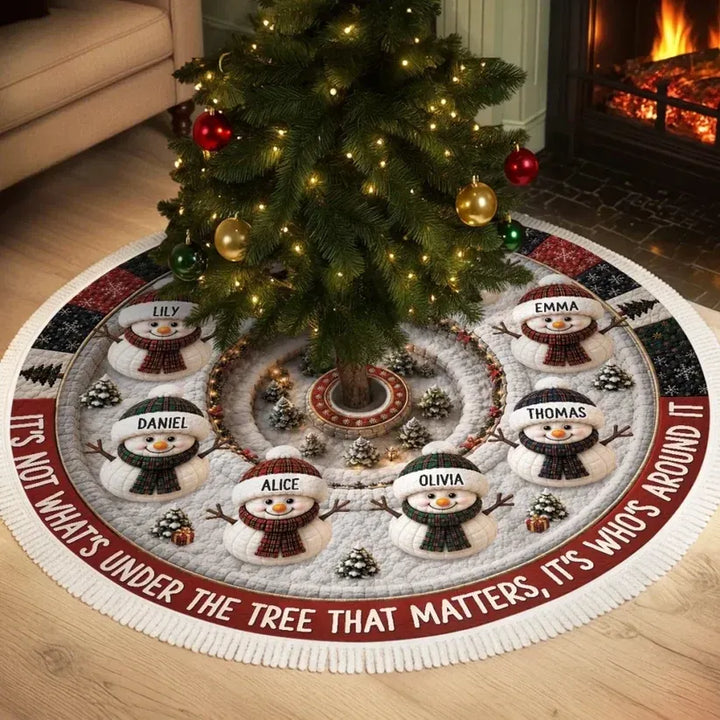 Personalized Family Snowman Christmas Tree Skirt – Custom Snowman Quantity & Family Names Holiday Tree Decor