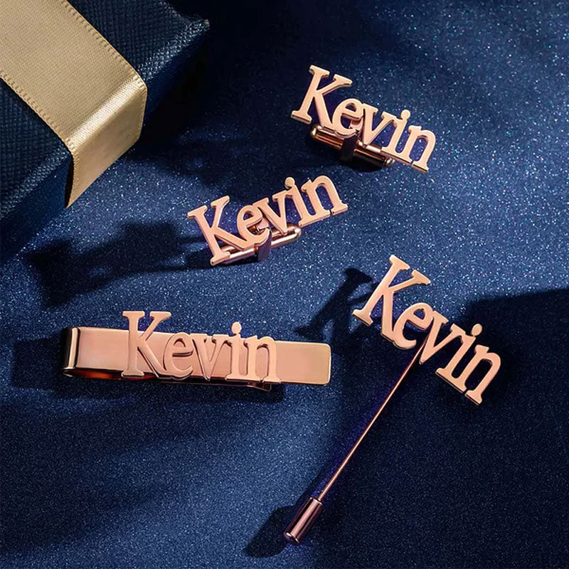 Personalized Name Initial Cufflinks Tie Bar Lapel Pin Set