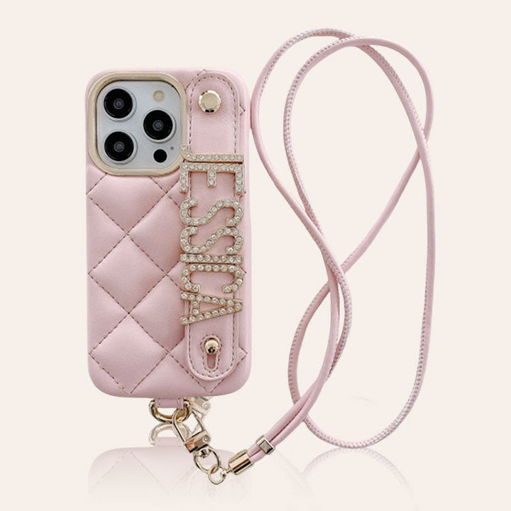 For iPhone - Personalized Letter Rhombus Bread Leather Lanyard Phone Case