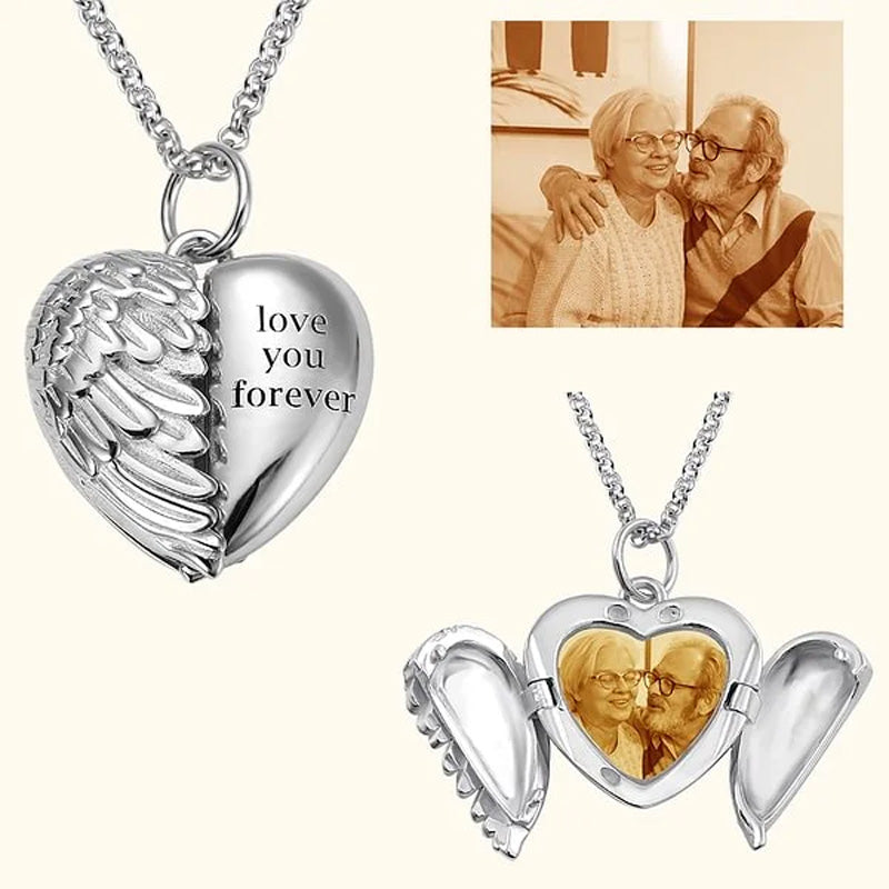 Personalized Picture Locket Angel Wings Heart Necklace