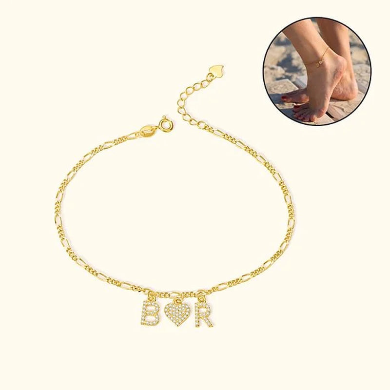 Personalized Adjustable Figaro Anklet with 1-8 Silver Letter Heart Charm Crystal Initials Jewelry Birthday Anniversary Gift for Women