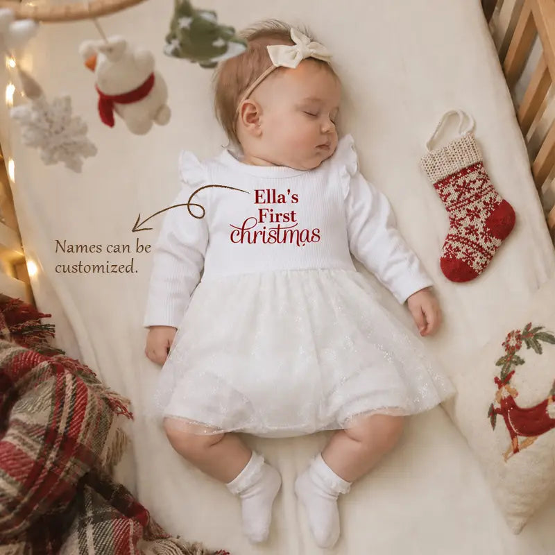 Personalized Baby Girl’s First Christmas Dress – Custom Name Tulle Bodysuit