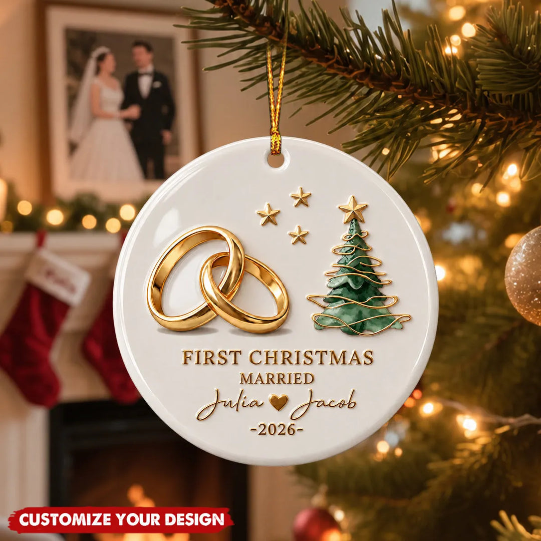 Personalised First Christmas as a Married Couple Ceramic Christmas Tree Decoration – Custom Names & Wedding Year