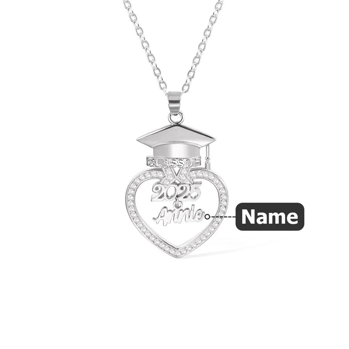 Personalized Grad Cap Zircon Heart Necklace with Name and Year Class of 2025 Graduation Birthday Gift for Graduates