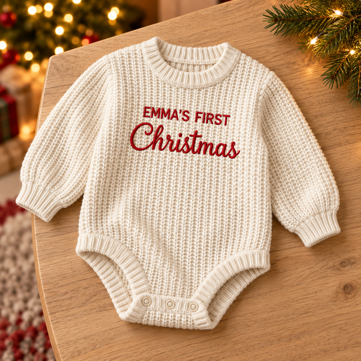 Personalized Baby’s First Christmas Organic Cotton Knit Romper Set