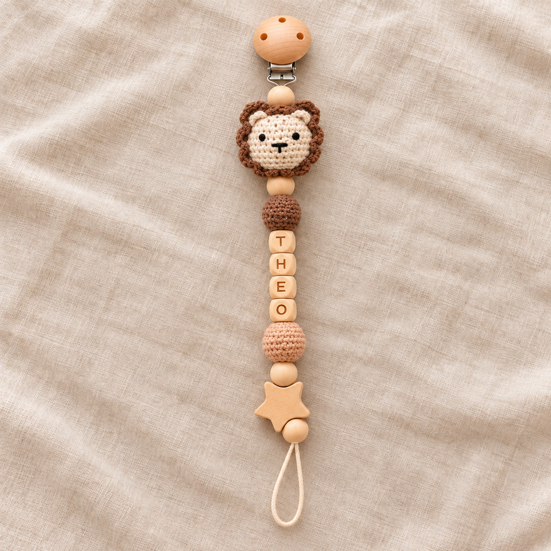 Personalized Crochet Pacifier Clip, Neutral Boho Pacifier Holder, Custom Name Baby Accessory, Newborn Baby Shower Gift