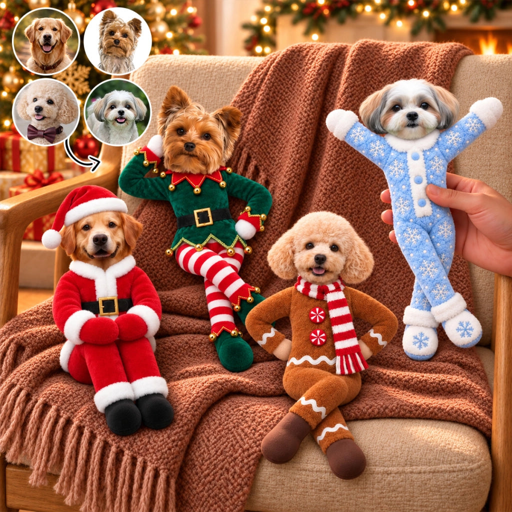 Personalized Pet Photo Christmas Plush Doll – Poseable Holiday Gift for Pet Lovers