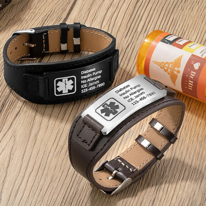 Personalized Adjustable Leather Emergency Medical Alert Bracelet