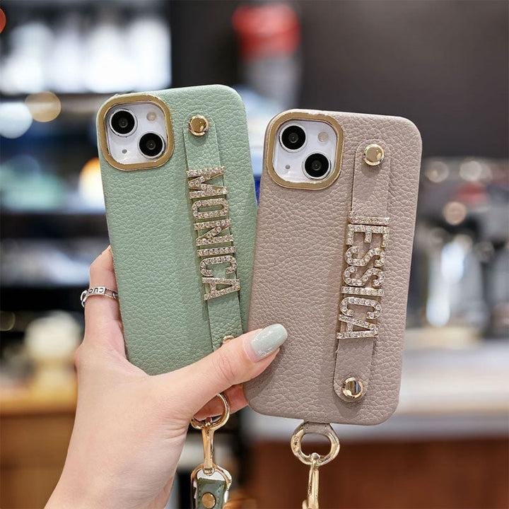 For iPhone - Personalized Genuine Leather Lychee Pattern Metal Letter Phone Case