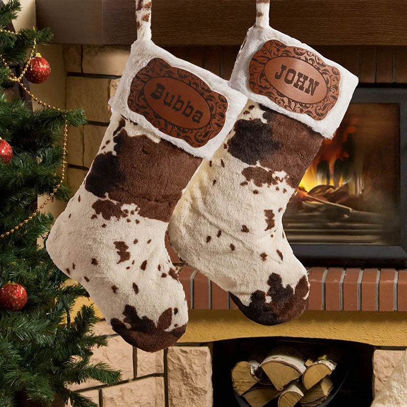 Personalized Western Cowboy Cow Print Fleece Christmas Stocking