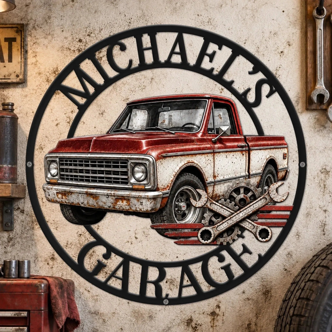 Personalized Classic Truck Garage Metal Sign – Custom Name Workshop Decor for Dad, Husband, Grandpa, Brother & Mechanic