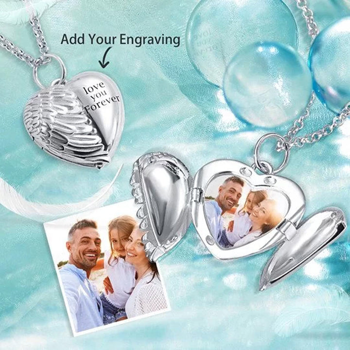 Personalized Picture Locket Angel Wings Heart Necklace