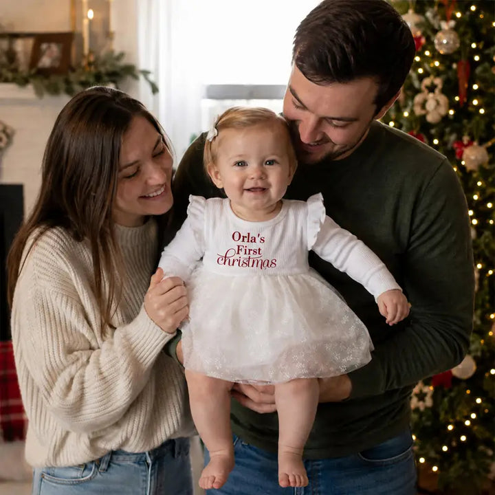 Personalized Baby Girl’s First Christmas Dress – Custom Name Tulle Bodysuit